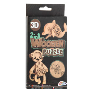 2-in-1 Houten Bouwpakket 3D Puzzel – Dolfijn en Aap